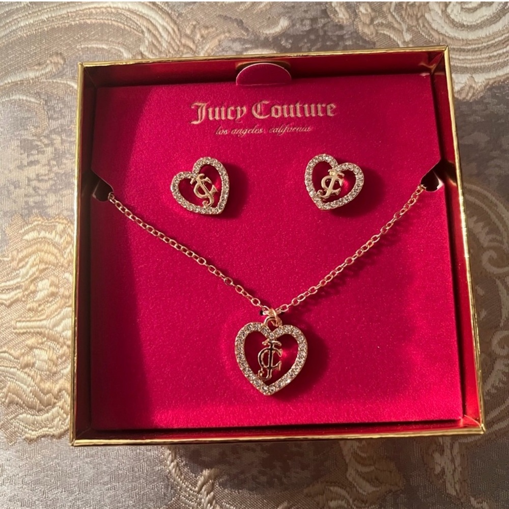 Juicy Couture gold-tone pavé heart necklace and stud earrings set NIB